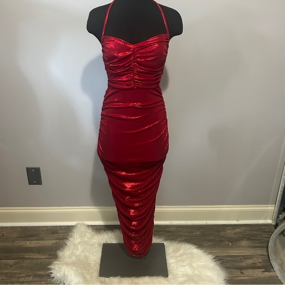 Privy Red Ruched Bodycon long Dress - Picture 2 of 8